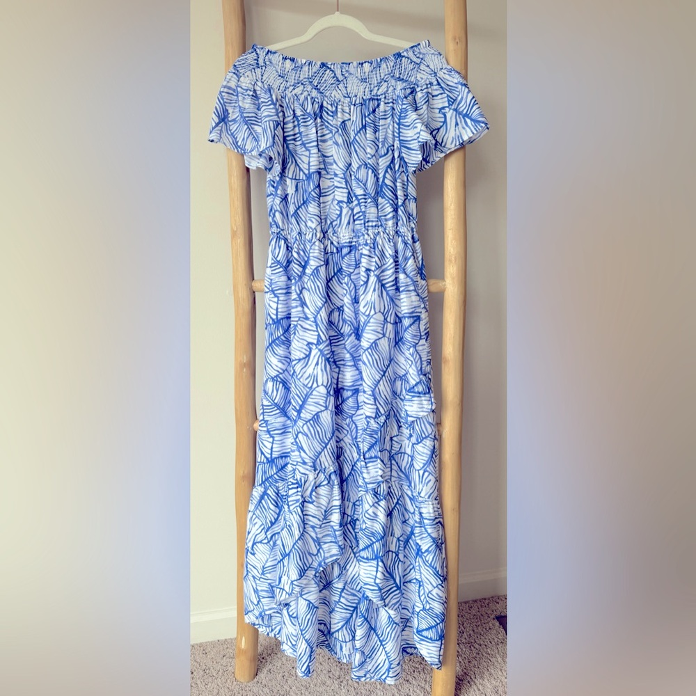 VINEYARD VINES Banana Leaf High Low Maxi Dress Rayon Silk Off Shoulder Dress 4